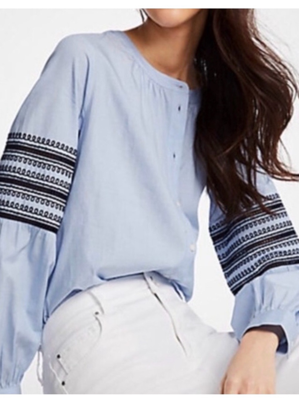 Ann Taylor Light Blue Button-Front Embroidered Sleeve Blouse